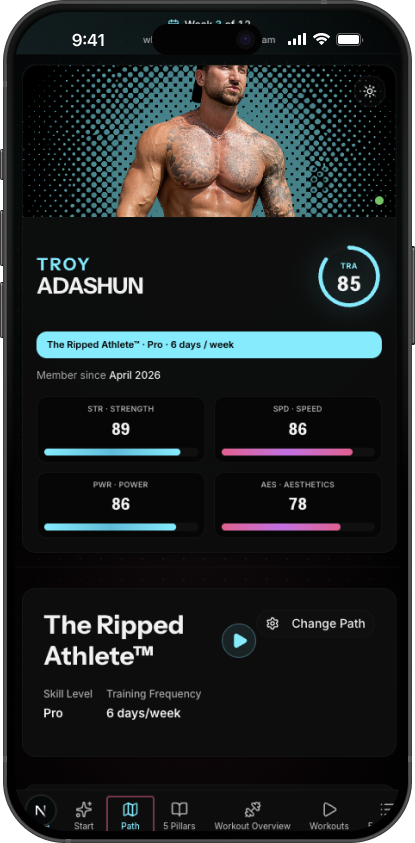 The Ripped Athlete app on iPhone — profile, TRA score, program pill, and pillar stats