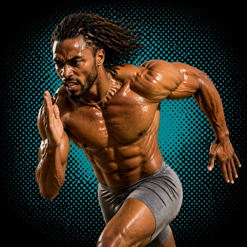 Athlete mid-sprint, dreadlocks trailing — highly defined chest, abs, and arms; compression shorts; teal halftone circle on black for the Jacked path